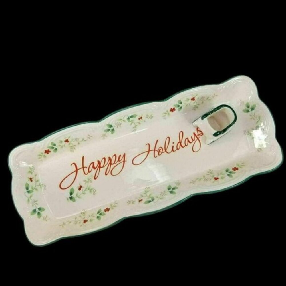 Pfaltzgraff Christmas Winterberry Appetizer Tray‎ With Sleigh Toothpick Holder